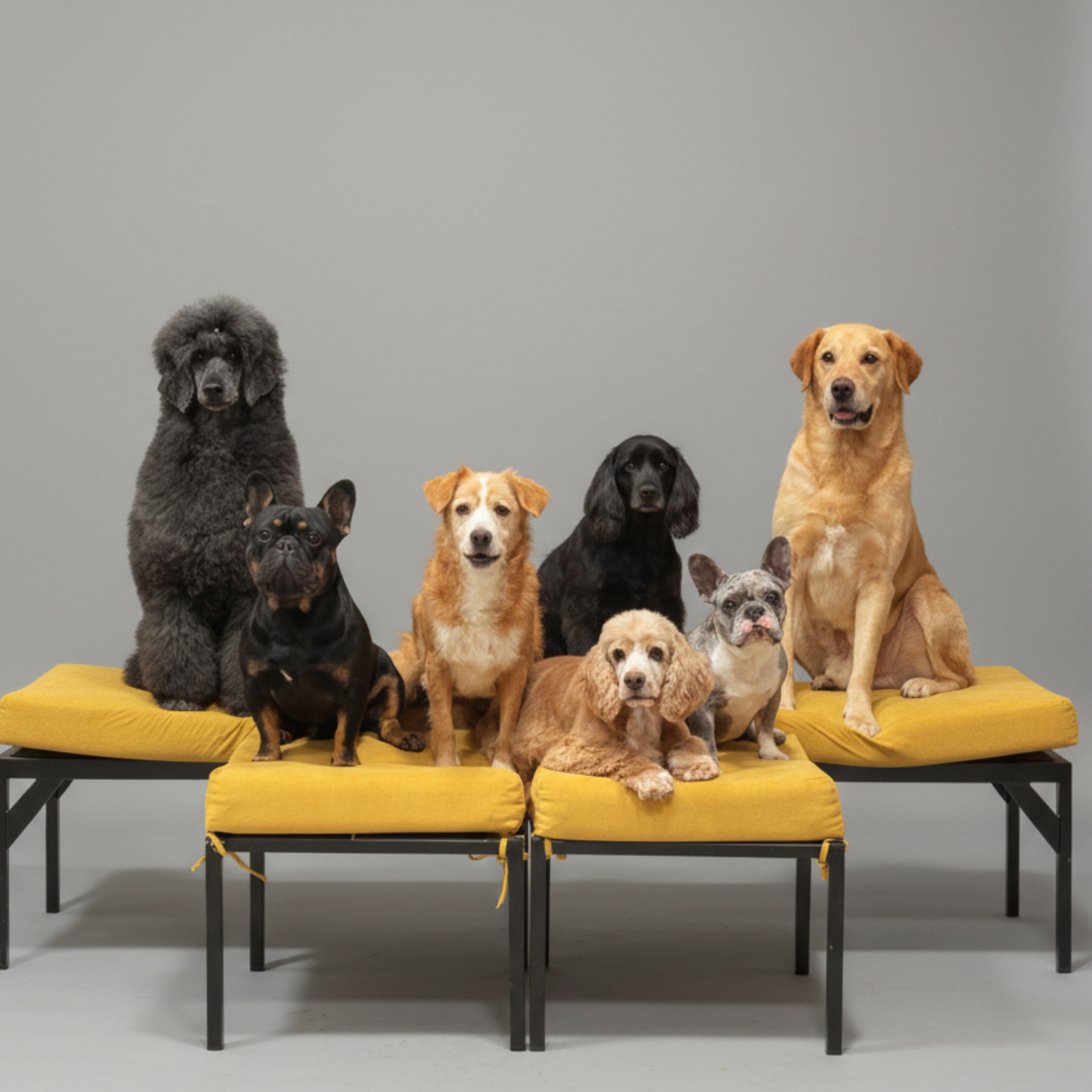 Perros de diversas razas en estudio fotográfico profesional con bancos amarillos